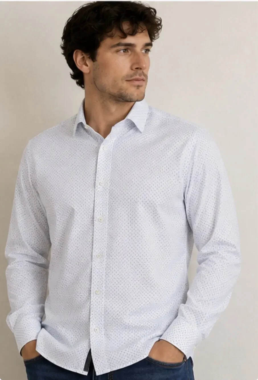 HUGO Hugo Boss Mens Sharp Fit White Blue Micro Print Long Sleeve Dress Shirt L